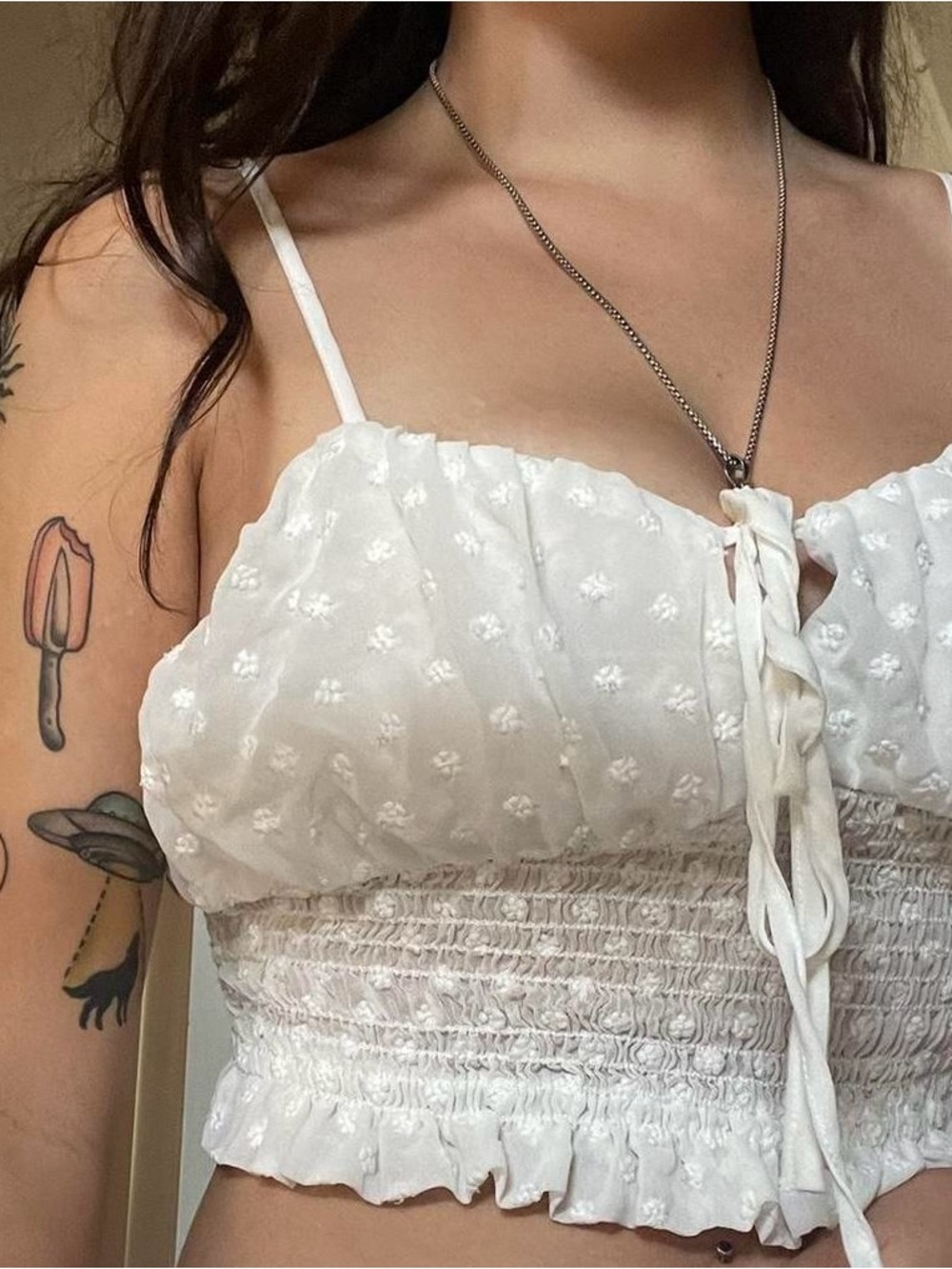 NWT White Floral Eyelet Smocked Crop Top